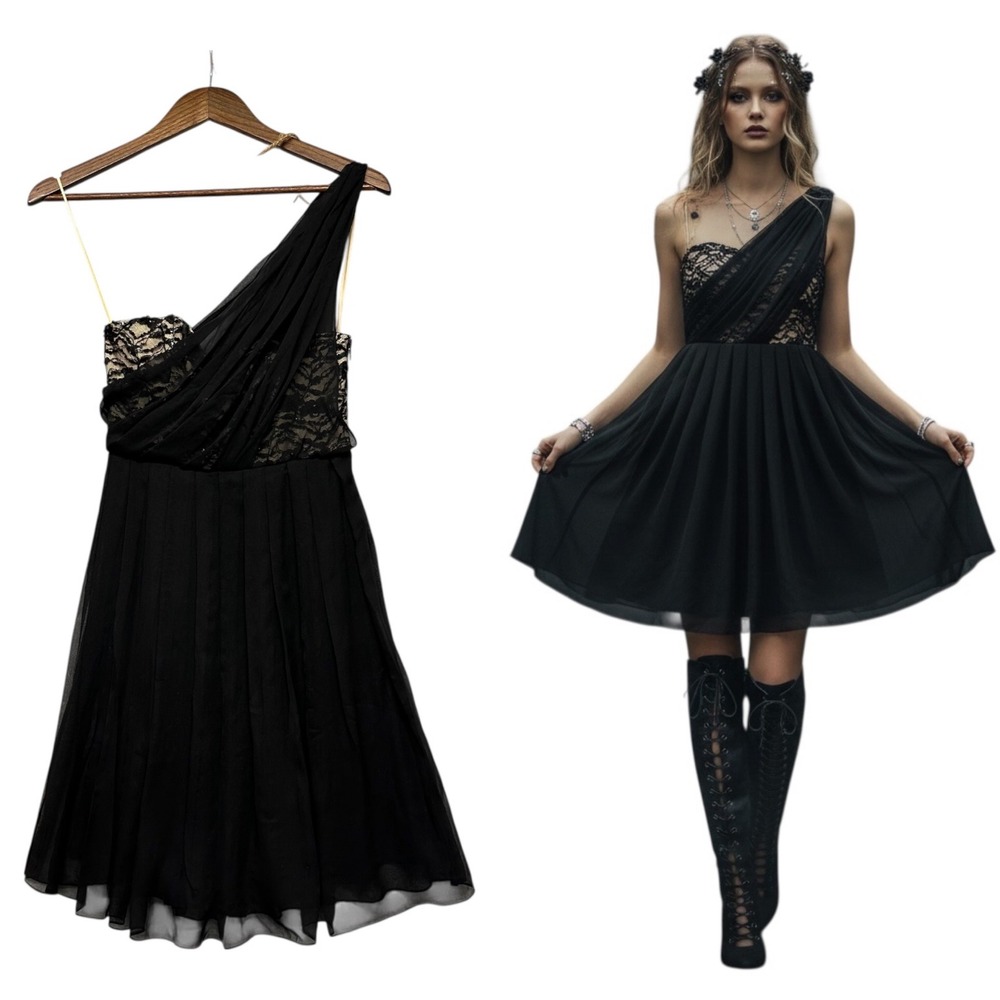 Alice+Olivia Womens XXS Black Silk One Shoulder HOCO Mini Dress Fairy Whimsigoth